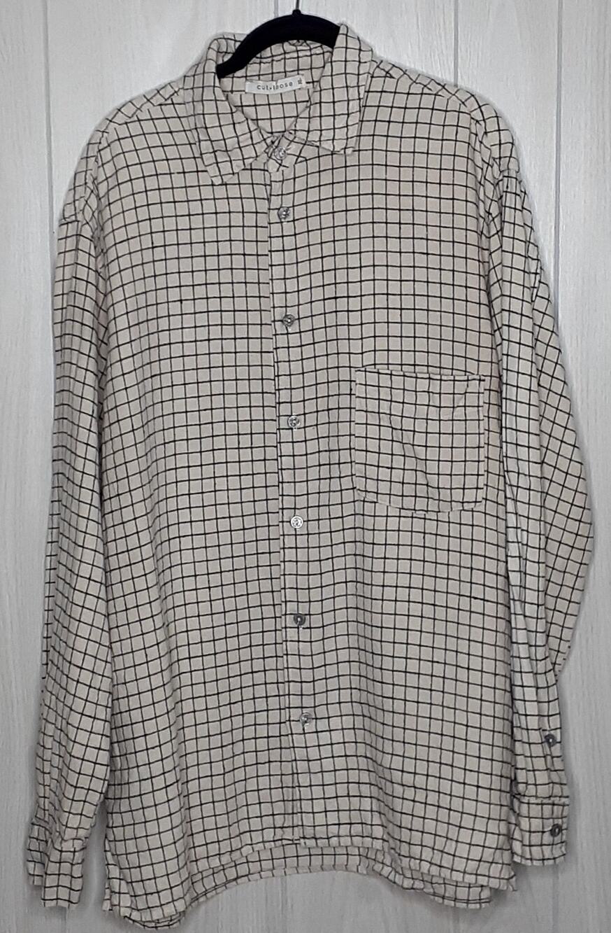 Mens Cut Loose 100% Linen Long Sleeve Shirt Size XL White/Black